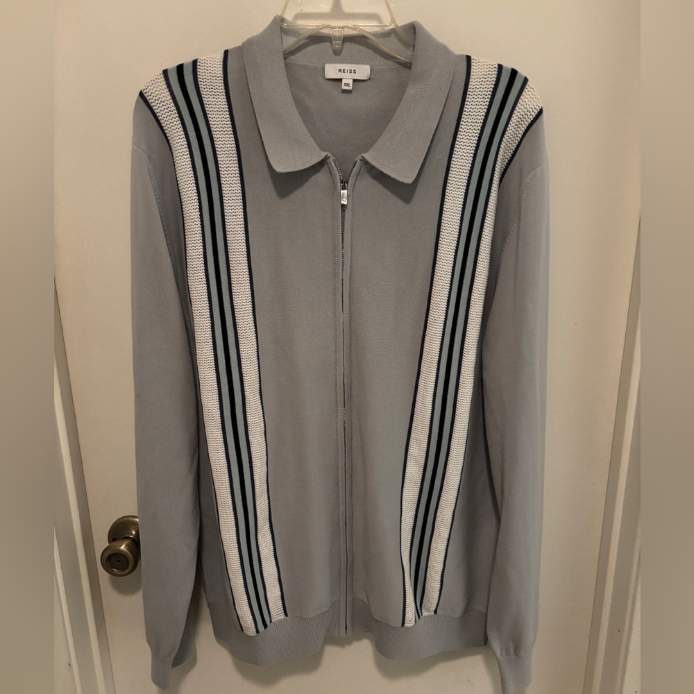 REISS DONNIE STRIPED ZIP THROUGH GREY JUMPER SWEATER